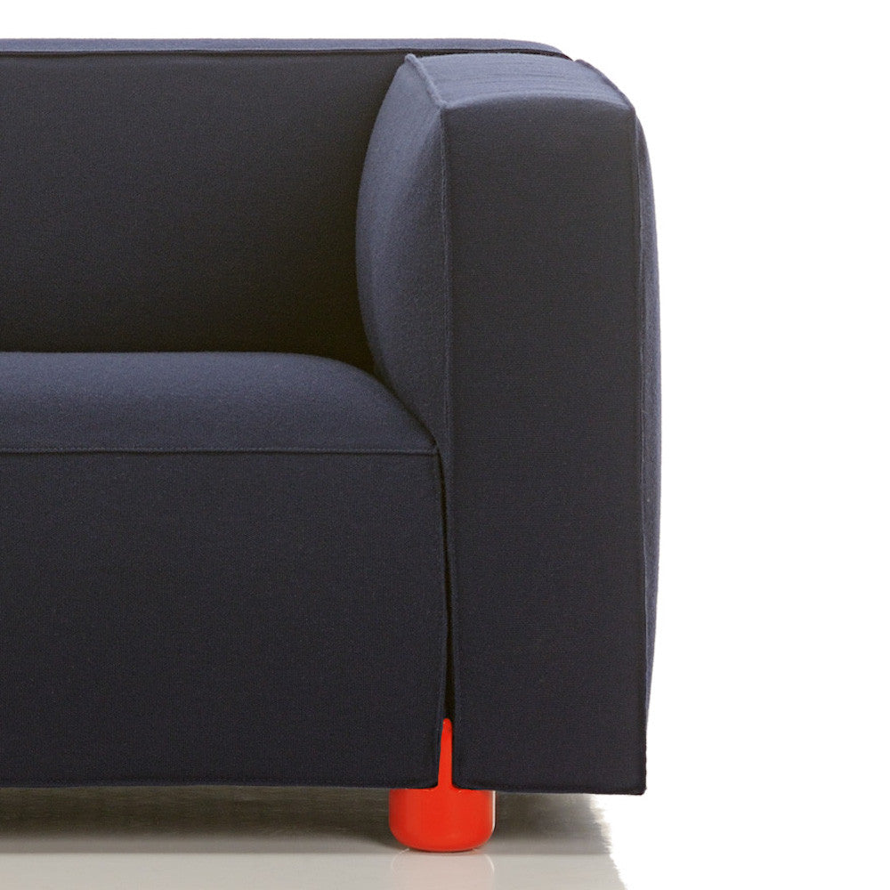 Barber Osgerby Compact 2-Seat Sofa in Hourglass Indigo Fabric with Red Legs Closeup by Knoll