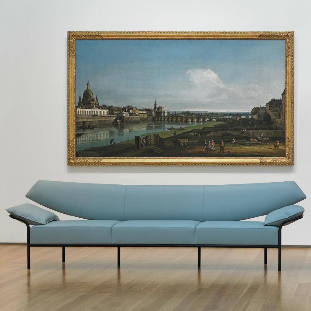 Bernhardt Design Ibis Sofa Light Blue by Terry Crews with Painting at NC Museum of Art