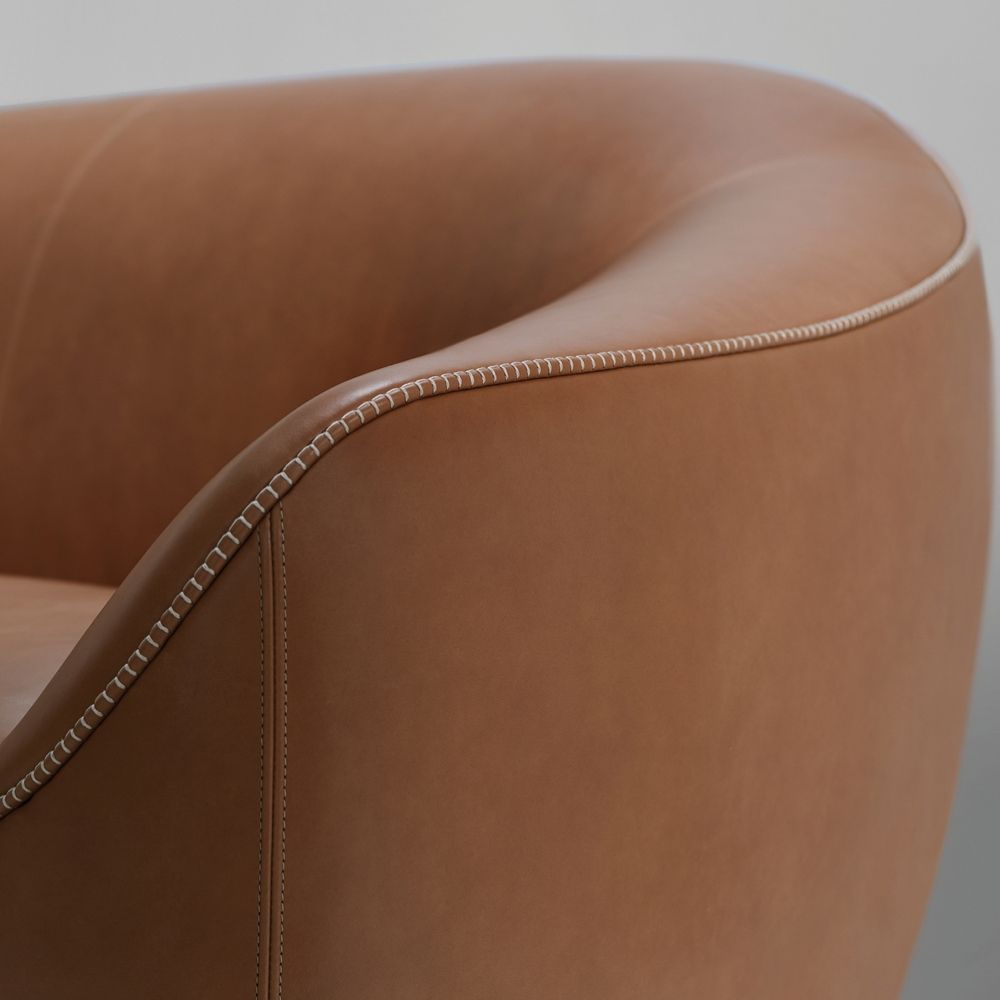 Bernhardt Design Terry Crews Becca Sofa Camel Leather Contrast Stitching Detail