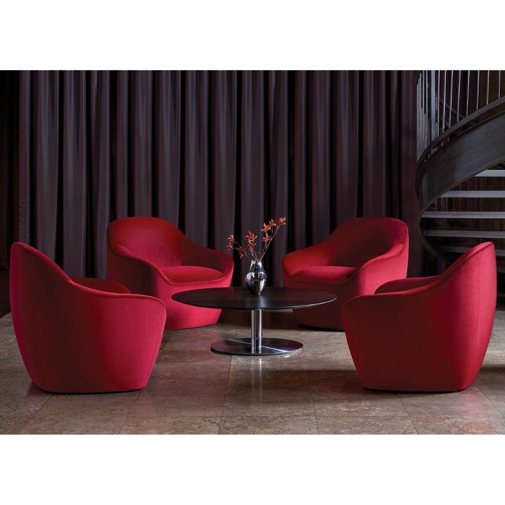 Bernhardt Design Terry Crews Becca Chairs Red Velvet in Hotel Lobby