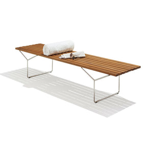 Bertoia Outdoor Bench with Towel and Sunglasses Teak and Stainless Steel Knoll