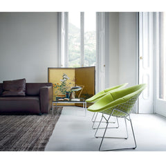 Bertoia Diamond Chairs with Lime Green Covers in room with Leather Barber & Osgerby Sofa