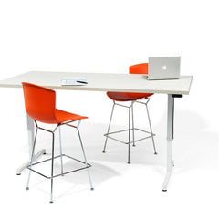 Bertoia Orange Red Molded Shell Counter Stools with Krusin Pixel Adjustable T-Leg Desk by Knoll