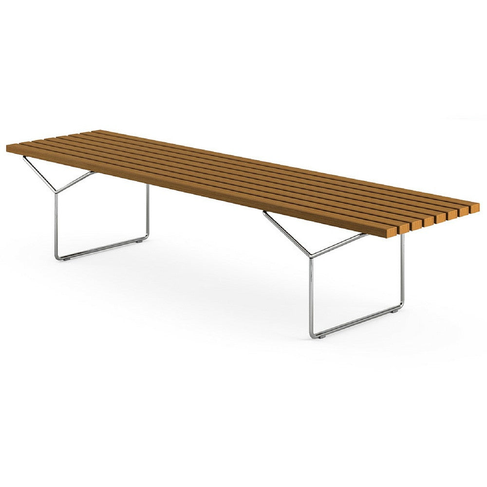 Bertoia Bench Teak and Stainless Steel Angled View Knoll