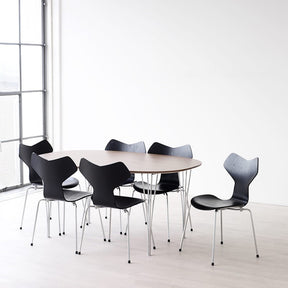 Black Grand Prix Chairs with Walnut Super Elliptical Span Leg Table Arne Jacobsen for Fritz Hansen