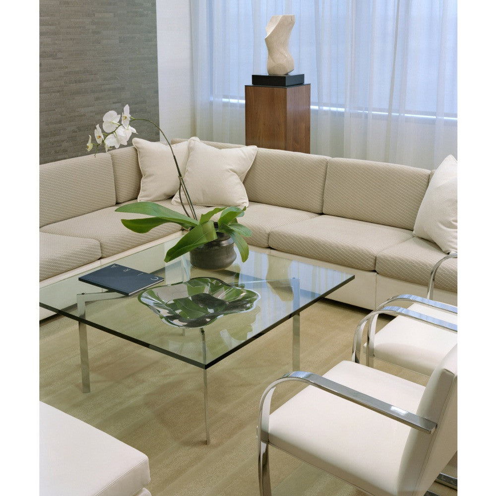 White BRNO Flatbar Chairs in Lobby with Barcelona Table Mies van der Rohe for Knoll
