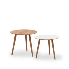 bruunmunch PLAY Round Side Tables Oak and Crystal White Laminate