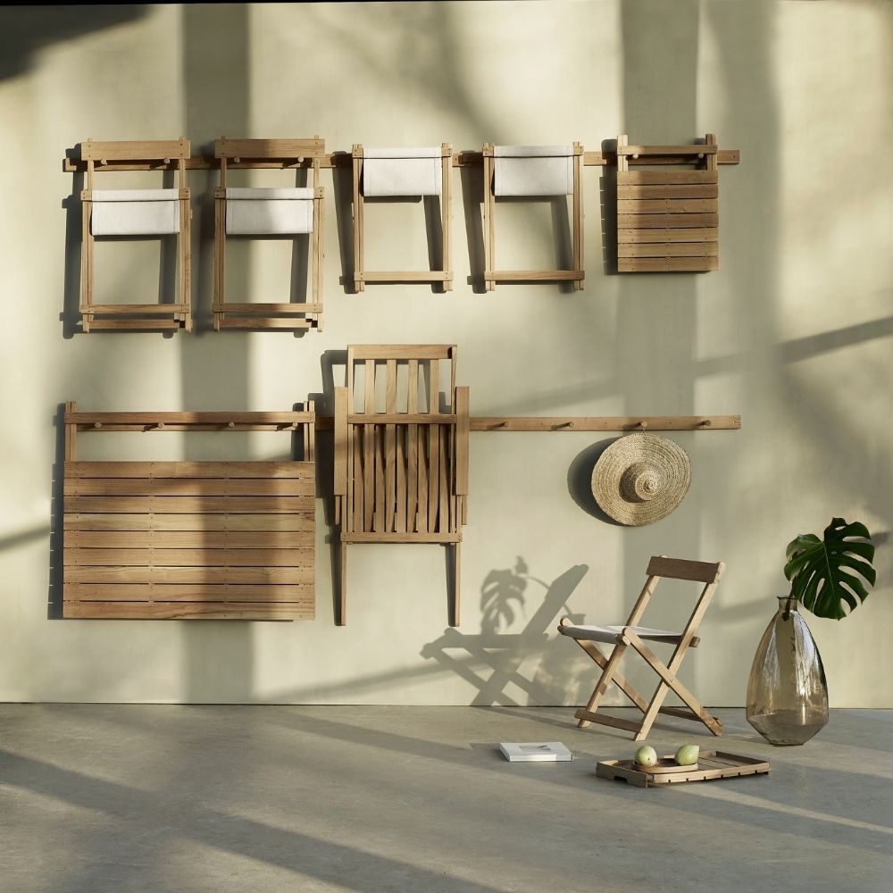 Carl Hansen Borge Mogensen Teak Deck Collection Folded and Stored on Wall