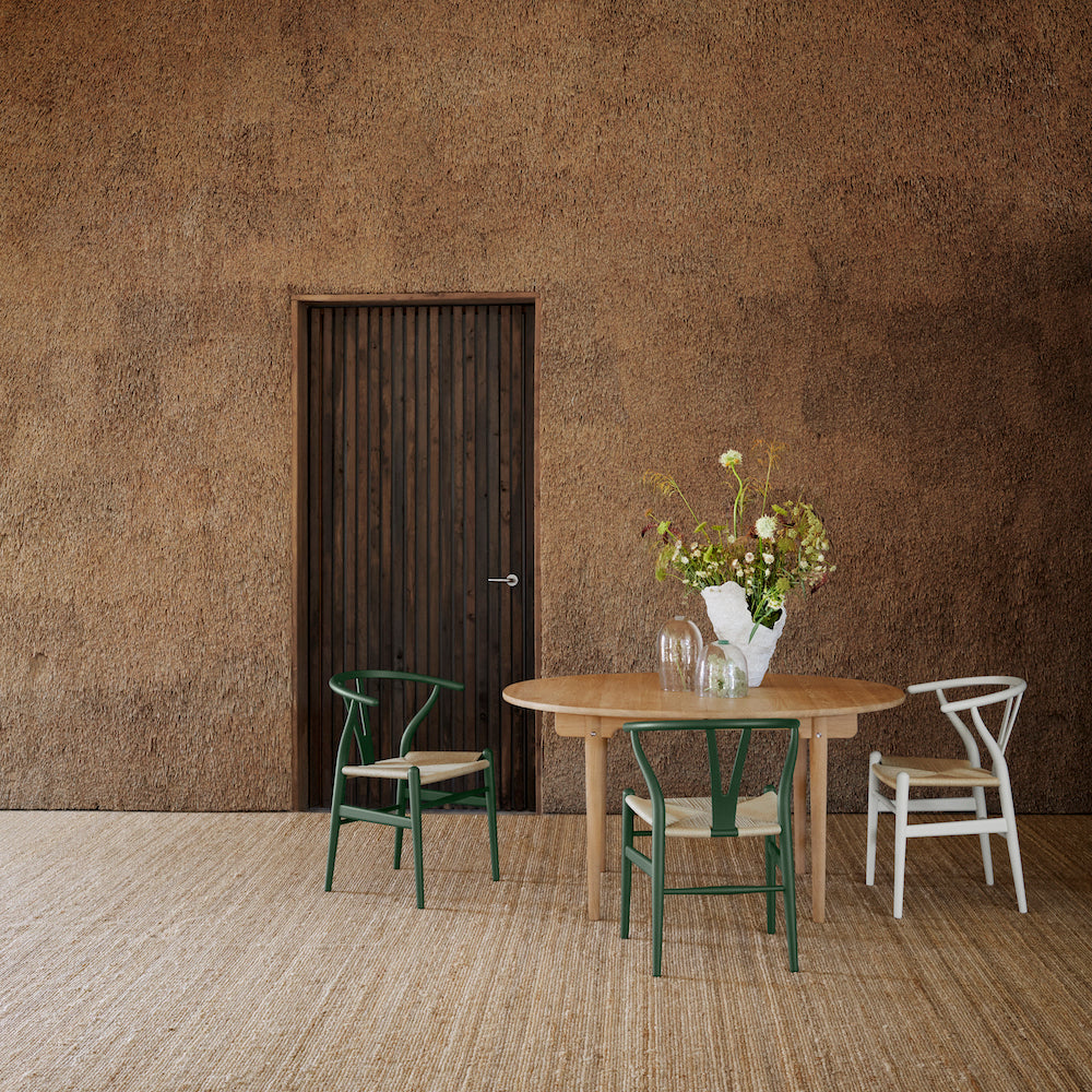 CH24 Wishbone Chairs Soft Green and White with Oak CH337 Dining Table