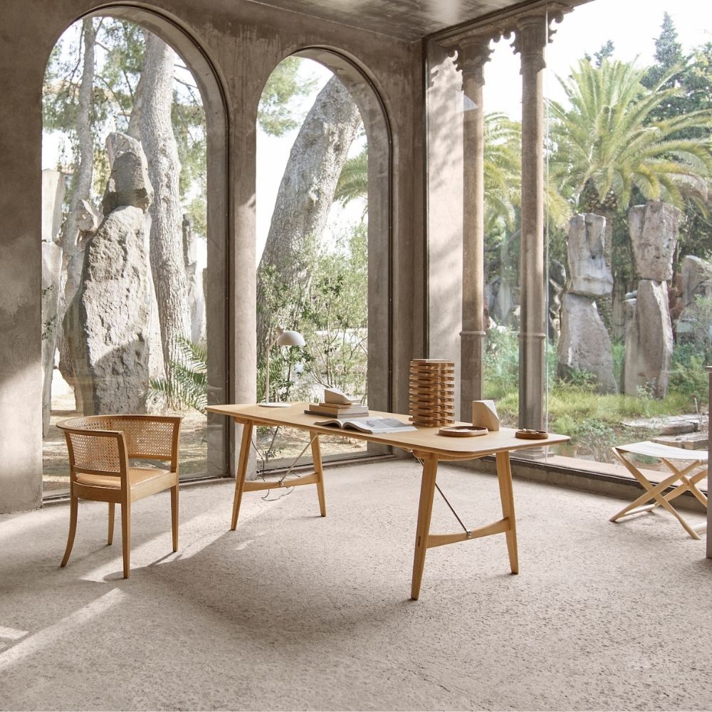 Carl Hansen BM1160 Hunting Table in situ with Kaare Klint Faaborg Chair and Propeller Stool