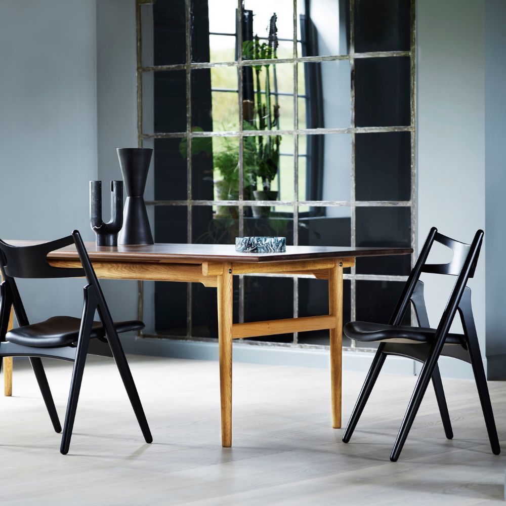 Carl Hansen Wegner CH327 Dining Table with Sawbuck Dining Chairs