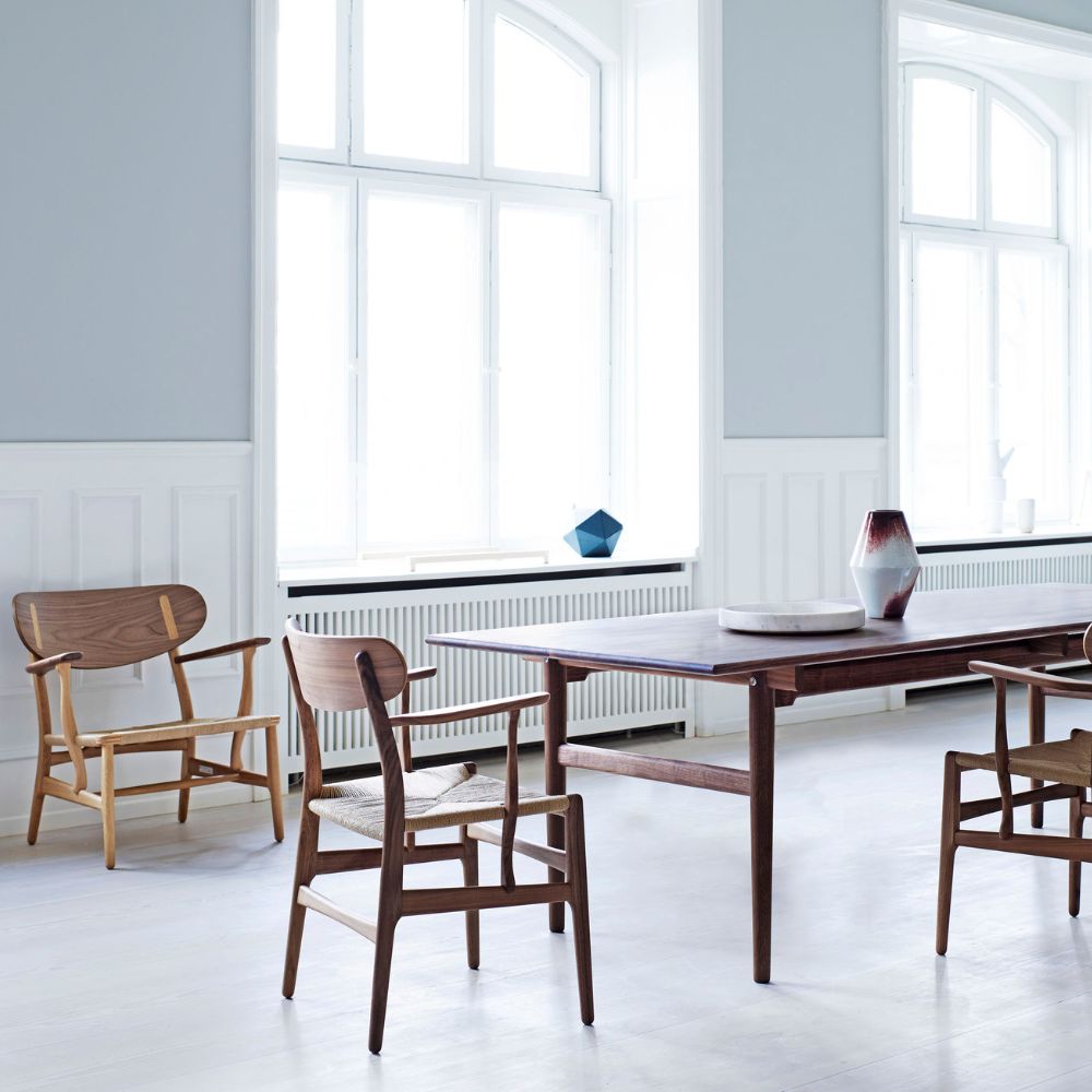 Wegner CH327 Dining Table Walnut in room with CH26 Dining Chairs