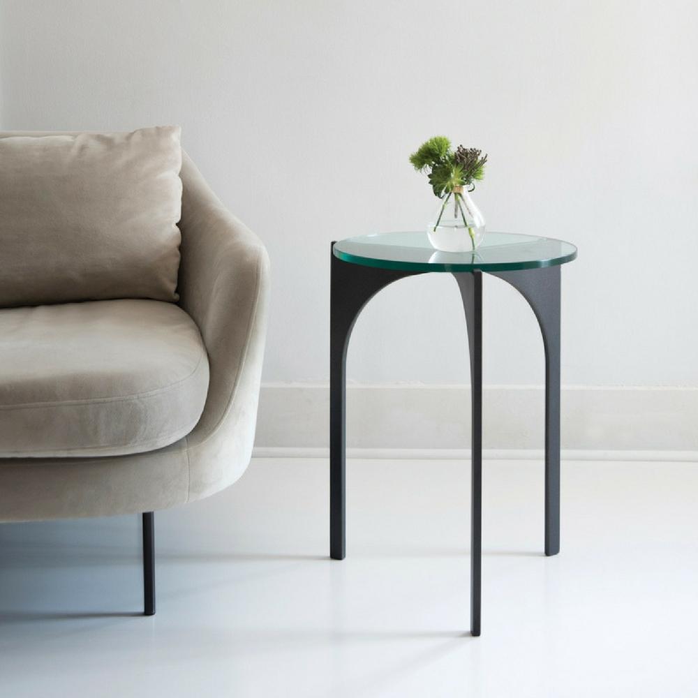 Charleston Forge Triton Drink Table by Katy Skelton in room with velvet sofa