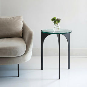 Charleston Forge Triton Drink Table by Katy Skelton in room with velvet sofa