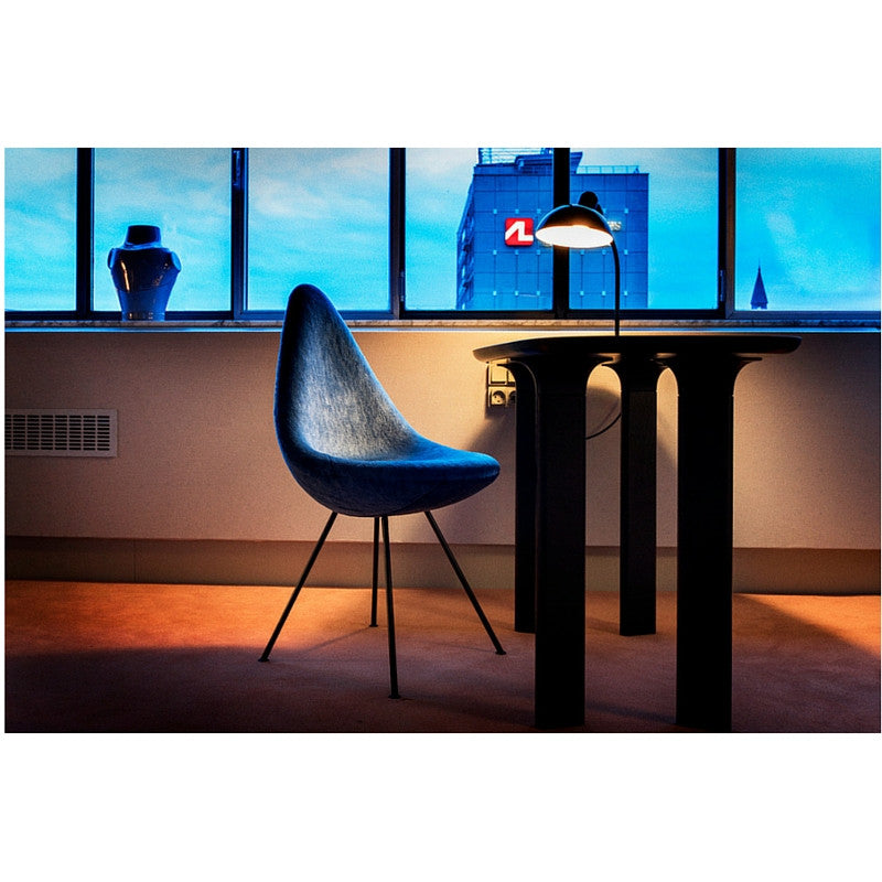 Christian Dell Kaiser Idell Tiltable Table Lamp 6556T with Jaime Hayon Analog Table and Arne Jacobsen Drop Chair Room 506 Fritz Hansen