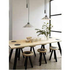 Codie Rise & Fall Polished Aluminum Pendant Staggered over a Dining Table Original BTC