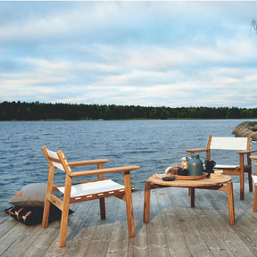 Djurö Lounge Chairs and Coffee Table with Hemse and Lärbo Pillows by Skargaarden