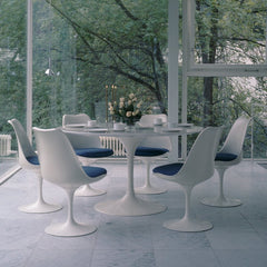 Eero Saarinen Tulip Dining Chairs Blue Cushions Glass Porch Knoll