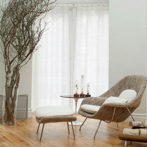 Saarinen Womb Chair in Rodarte Upholstery and White Mohair with Tulip Side Table in Room Knoll