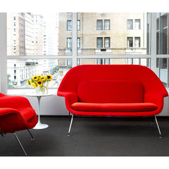 Saarinen Womb Settee Red in Living Room with Red Womb Chair and Tulip Side Table Knoll
