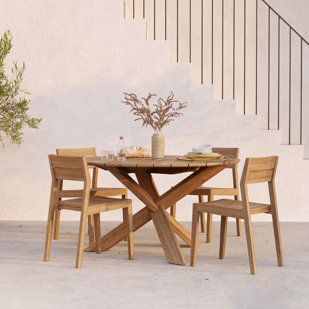 Ethnicraft Teak Ex1 Outdoor Dining Chairs with Teak Circle Dining Table
