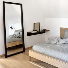 Ethnicraft Nordic Bed and Black Oak Light Frame Floor Mirror