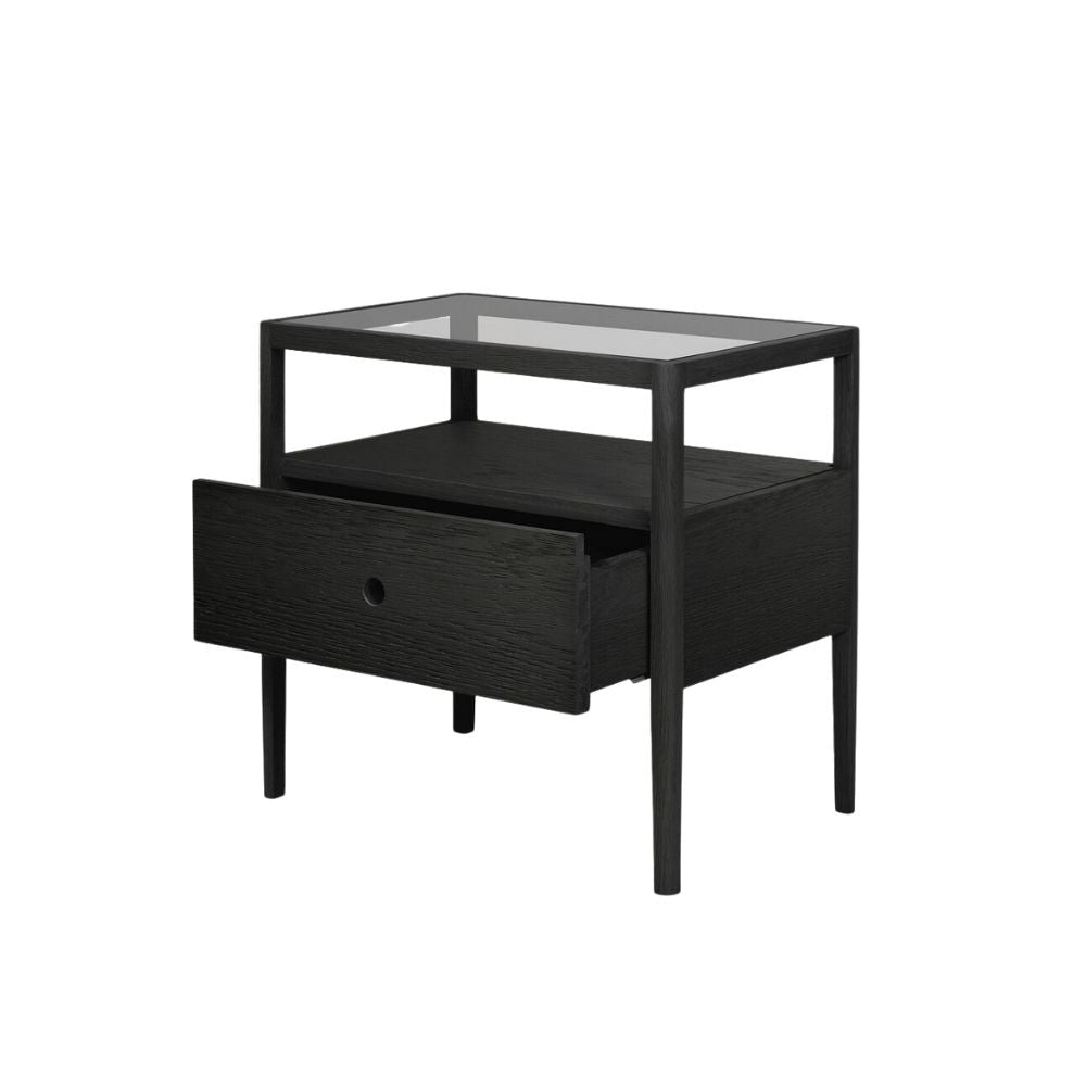 Ethnicraft Black Oak Spindle Bedside Table by Nathan Yong Drawer Open