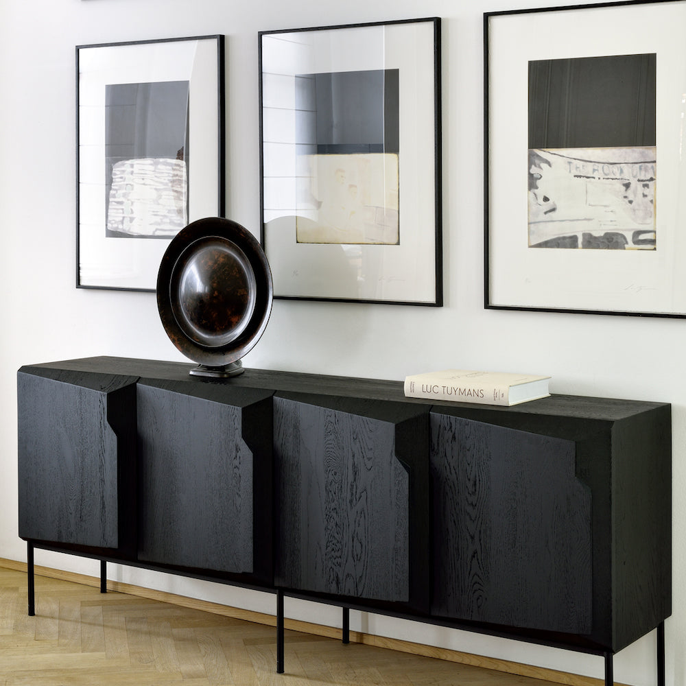 Ethnicraft Black Oak Stairs Sideboard with Framed Prints