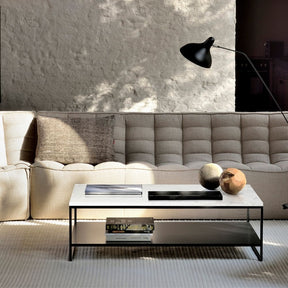 Ethnicraft N701 Sectional Sofa Beige in Living Room with Stone Coffee Table and Mantis Floor Lamp