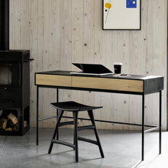 Ethnicraft Oak Blackbird Desk in room with Osso Stool