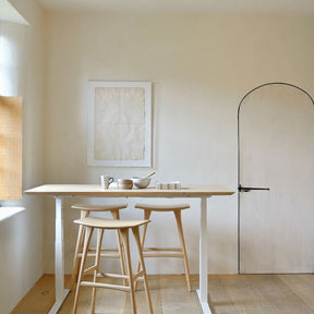 Ethincraft Oak Bok Desk in situ with Oak Osso Stools