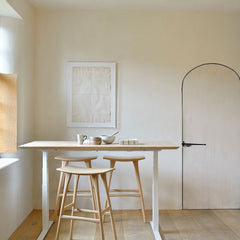Ethincraft Oak Bok Desk in situ with Oak Osso Stools