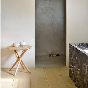 Ethnicraft Oak Mikado Side Table in Bathroom with Marble Tub