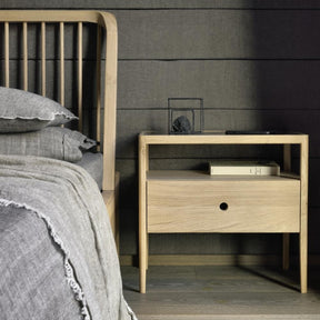 Ethnicraft Oak Spindle Bed in room with Spindle Bedside Table