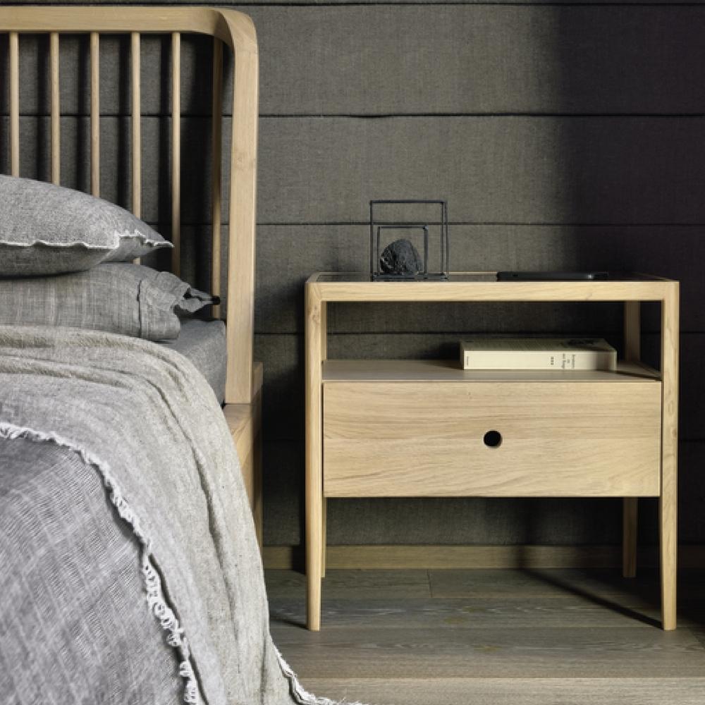 Ethnicraft Oak Spindle Bedside Table in room with Spindle Bed by Nathan Yong