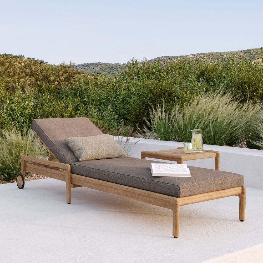 Ethnicraft Teak Jack Outdoor Chaise Lounge with Mocha Cushion and Teak Jack Side Table