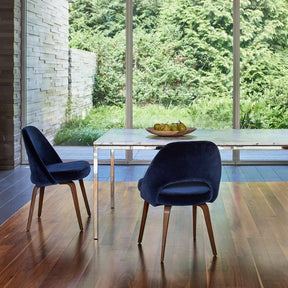 Marble Florence Knoll Dining Table with Blue Velvet Saarinen Executive Chairs