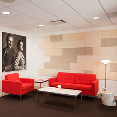 Marble Florence Knoll Coffee Table in Situ with Red Florence Knoll Sofa and Chair