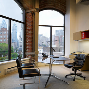 Black Marble Florence Knoll Oval Table Desk in Executive Office with BRNO chairs and Pollock Executive Chair