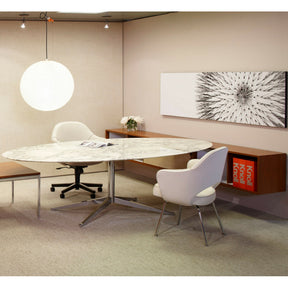 Florence Knoll Carrara Marble Oval Desk in Office with white Saarinen Executive Chairs
