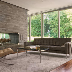 Florence Knoll Relaxed Sofa in Living Room with Florence Knoll Coffee Table and Suede Barcelona Chair