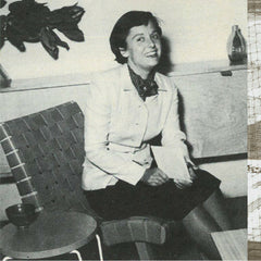 Florence Knoll in Risom Chair with her hairpin-stacking-table