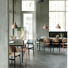 Unfold Pendant Lamps with Base Table and Loft Dining Chair by Muuto