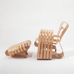 Gehry Power Play Club Chair and Ottoman Side View by Frank Gehry for Knoll