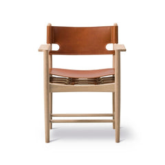 Fredericia Spanish Dining Armchair BM 3828 by Borge Mogensen Oak and Cognac Saddle Leather Front