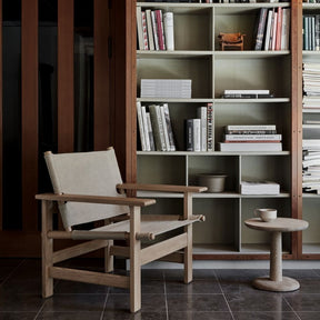 Fredericia Canvas Chair by Borge Mogensen in Home Office with Bookshelves and Pon Table