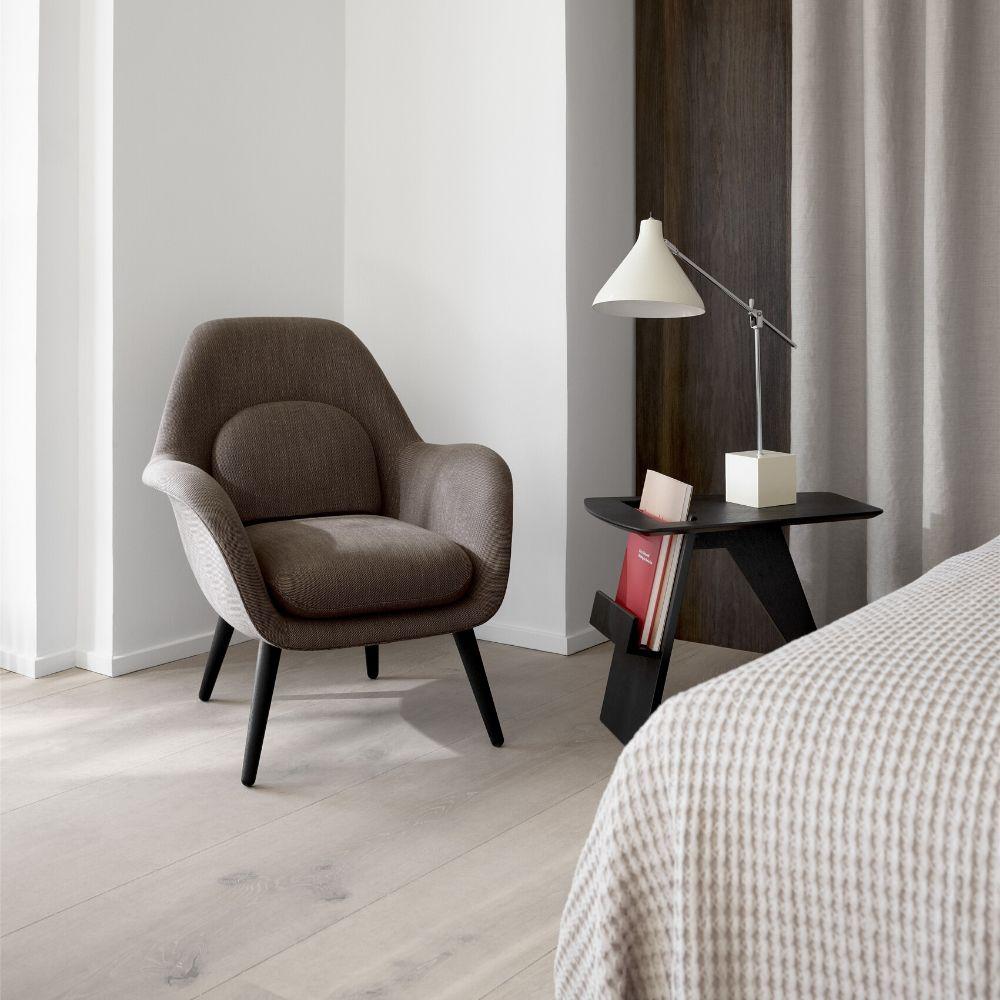 Fredericia Jens Risom Magazine Table in room with petite Swoon lounge chair