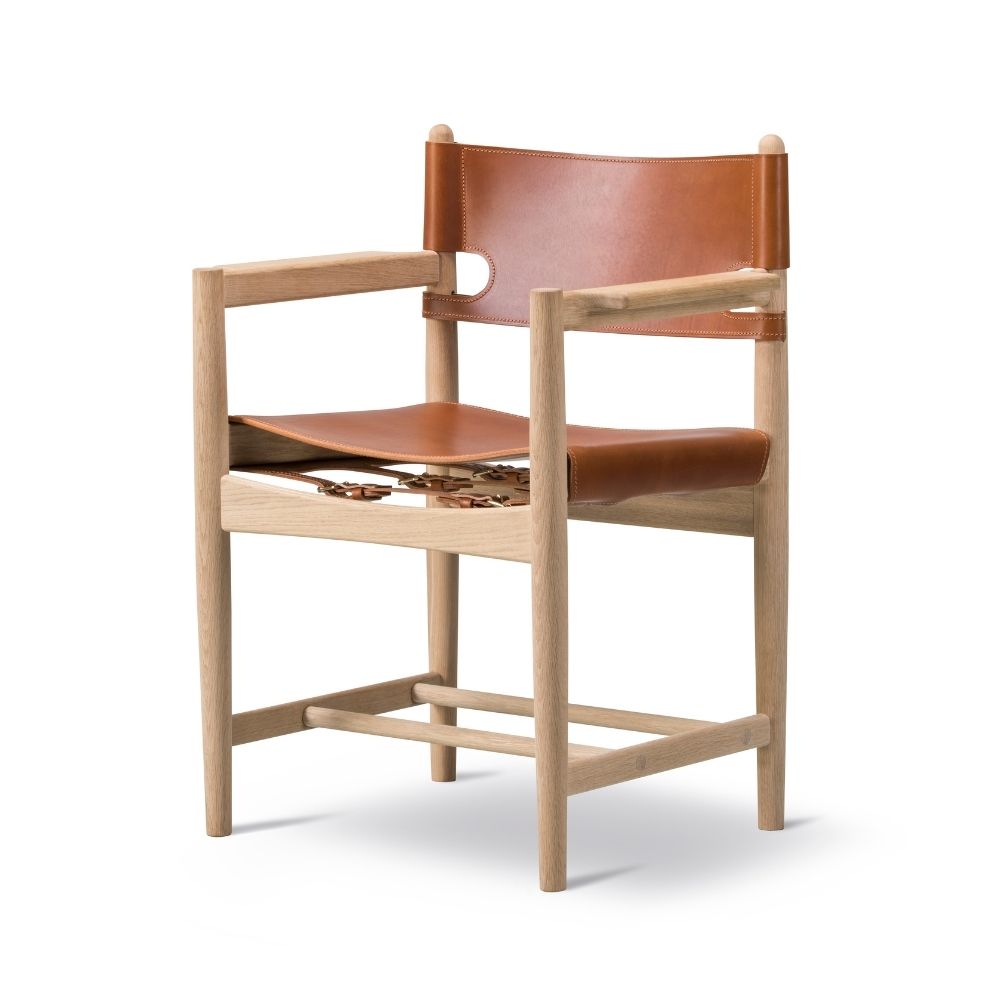 Fredericia Spanish Dining Armchair BM 3828 by Borge Mogensen Oak and Cognac Saddle Leather