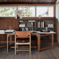Fredericia Spanish Dining Armchair BM 3828 by Borge Mogensen Oak and Cognac Saddle Leather in Borge Mogensen's home office