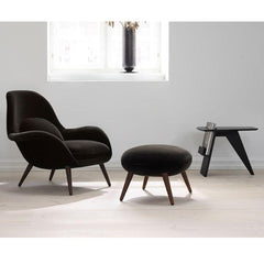 Fredericia Risom Magazine table in room with Swoon lounge chair and ottoman